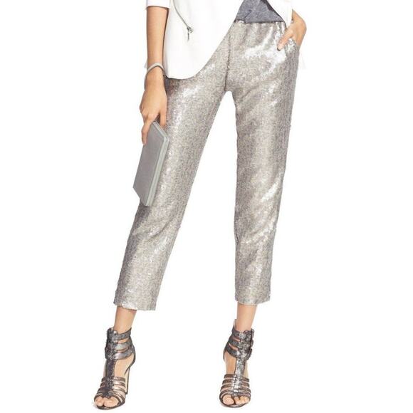 Chelsea28 Pant Sequin Embellished Straight Leg Elastic Waist Silver NWT Small - Picture 1 of 9